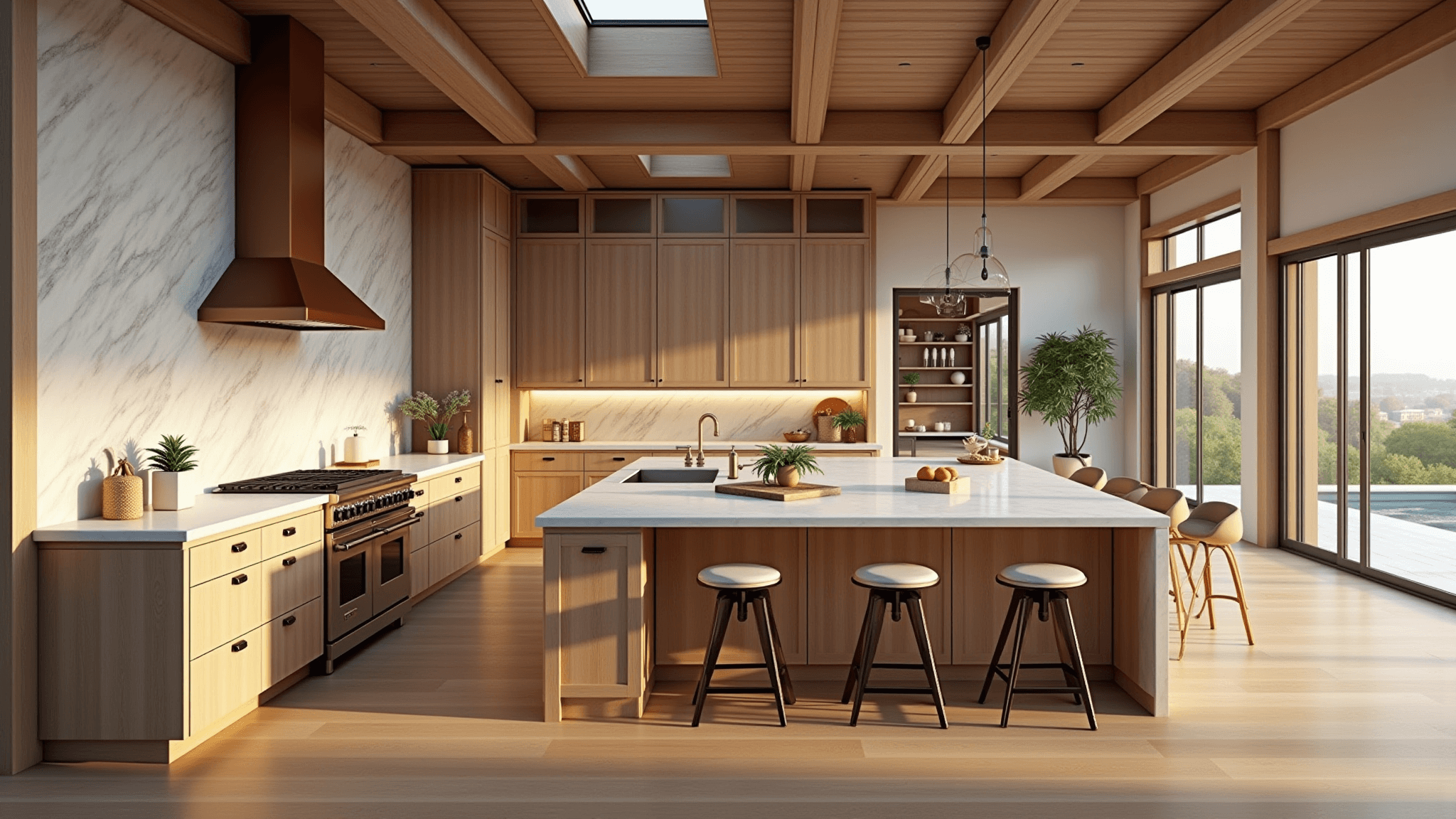 A luxurious open-concept kitchen featuring white oak cabinets, Calacatta marble countertops, and brass hardware, illuminated by golden hour light streaming through large windows, with professional appliances and minimalist decor.