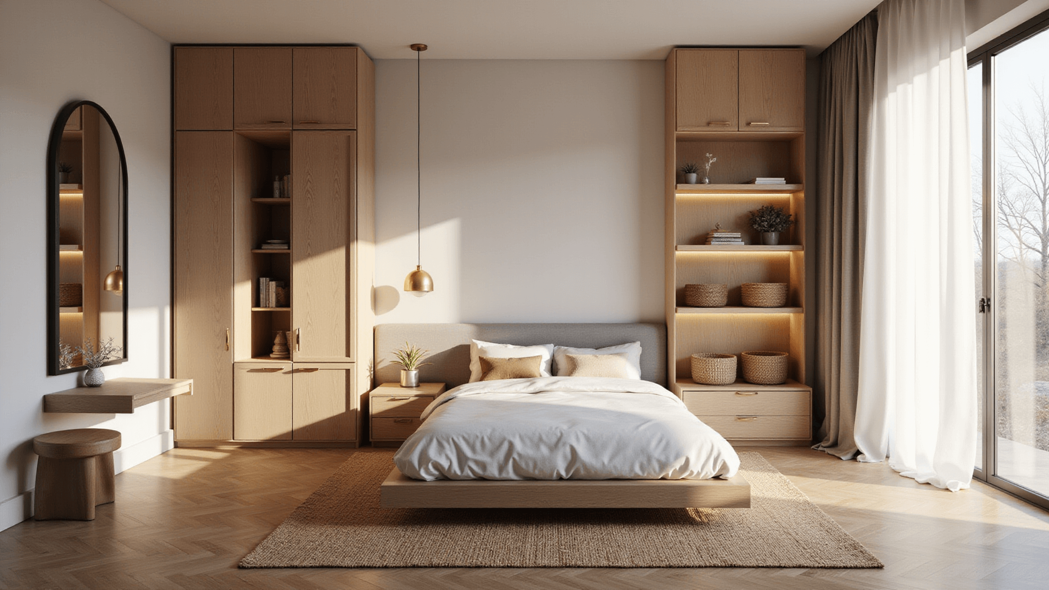 A minimalist bedroom featuring floor-to-ceiling white oak floating shelves, a platform bed with hidden storage, brass-accented wall sconces, and an arched floor mirror, illuminated by morning golden hour light through sheer curtains, with a neutral color palette and layered lighting.