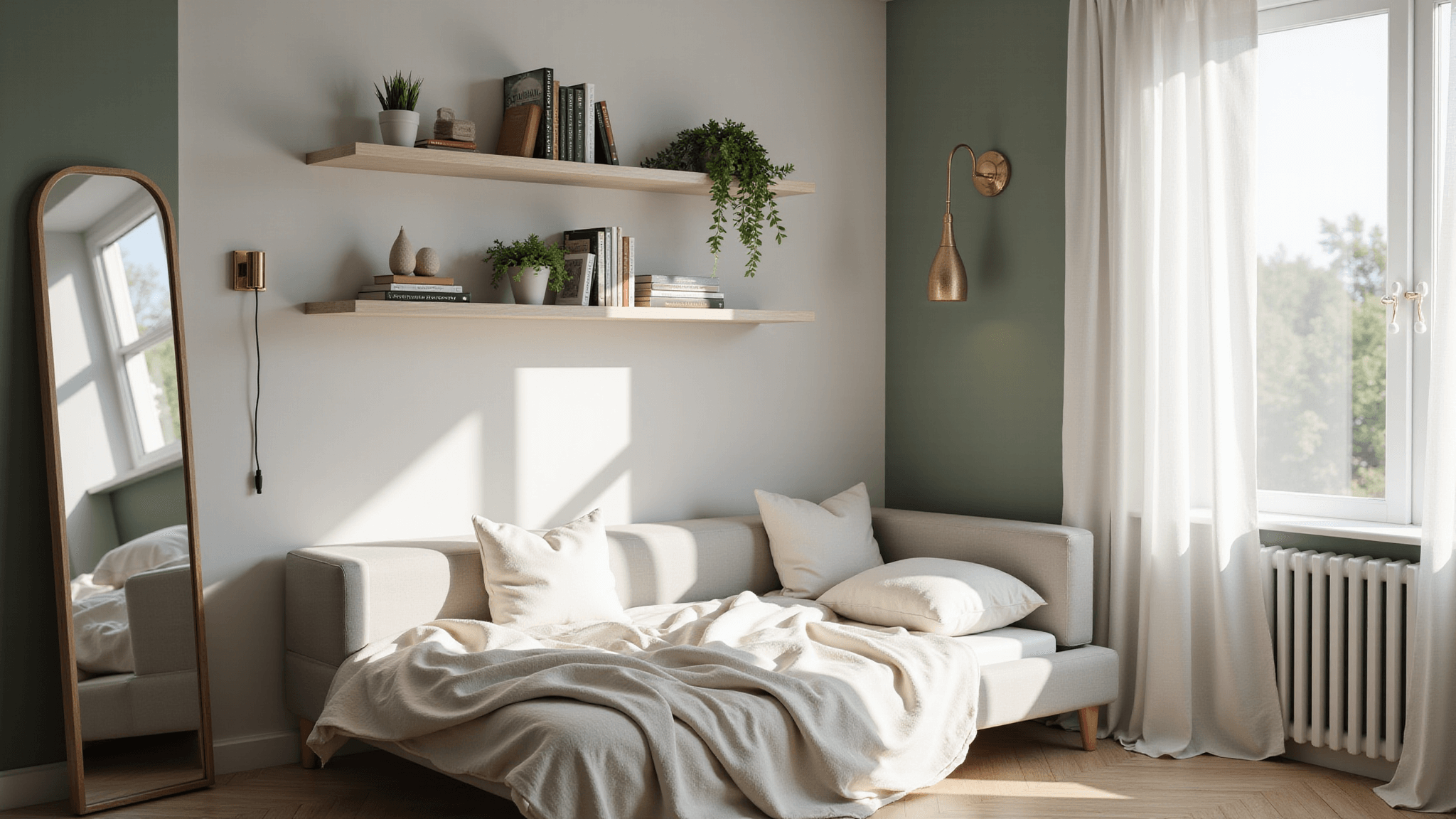 Photorealistic Scandinavian bedroom with soft morning light, featuring a light grey daybed, layered linens, floating oak shelves, brass sconce, full-length mirror, and sage green walls.