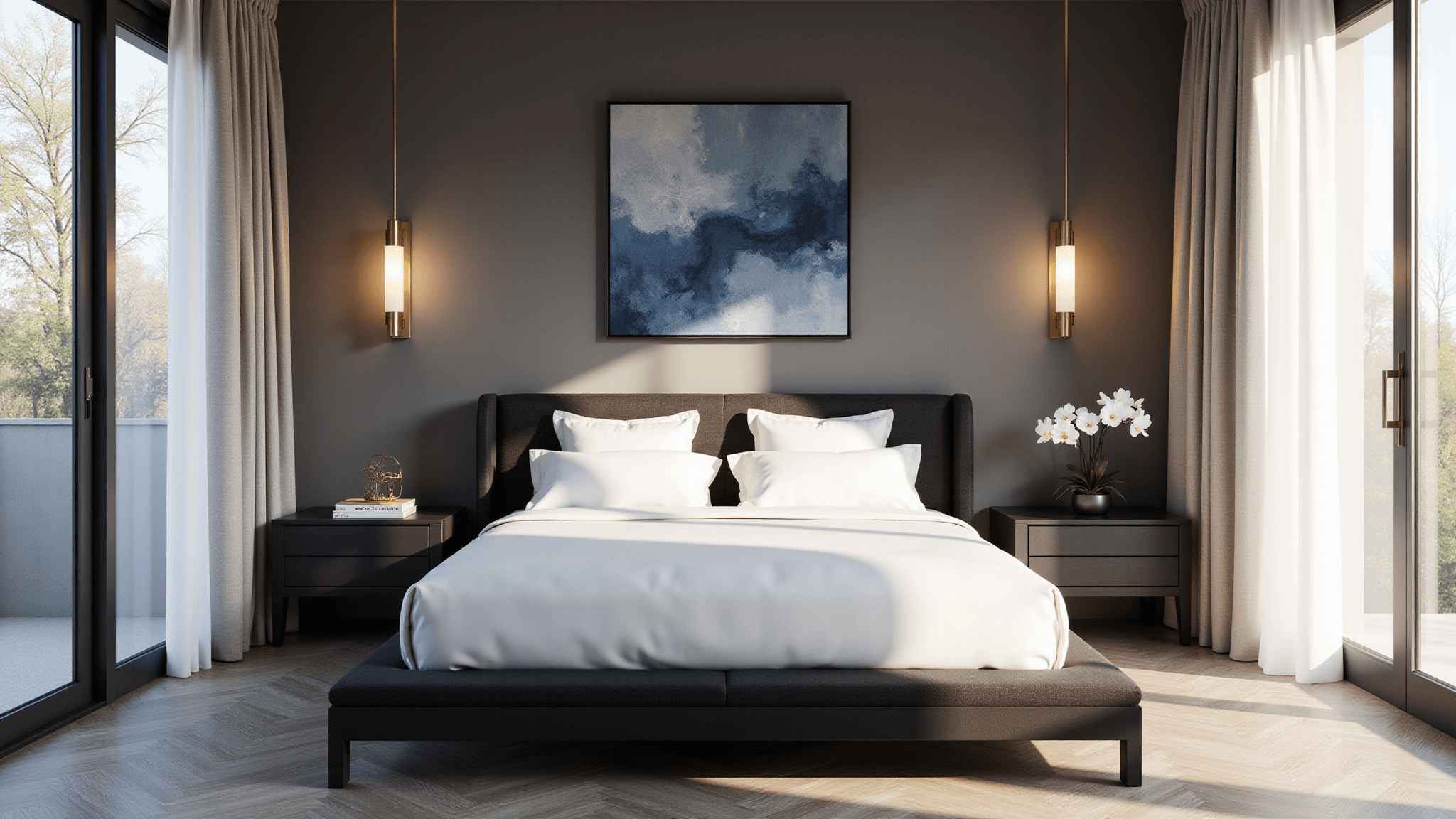 A photorealistic image of a serene modern minimalist bedroom featuring a black platform bed with white linens, brass wall sconces, herringbone flooring, an abstract canvas, and floor-to-ceiling windows with sheer curtains.