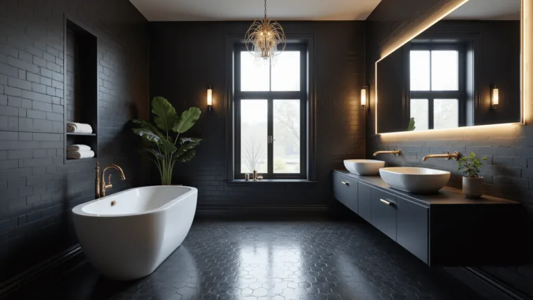 Modern luxury black bathroom with matte subway tiles, a white freestanding tub, brass chandelier, double floating vanity, and minimalistic decor.