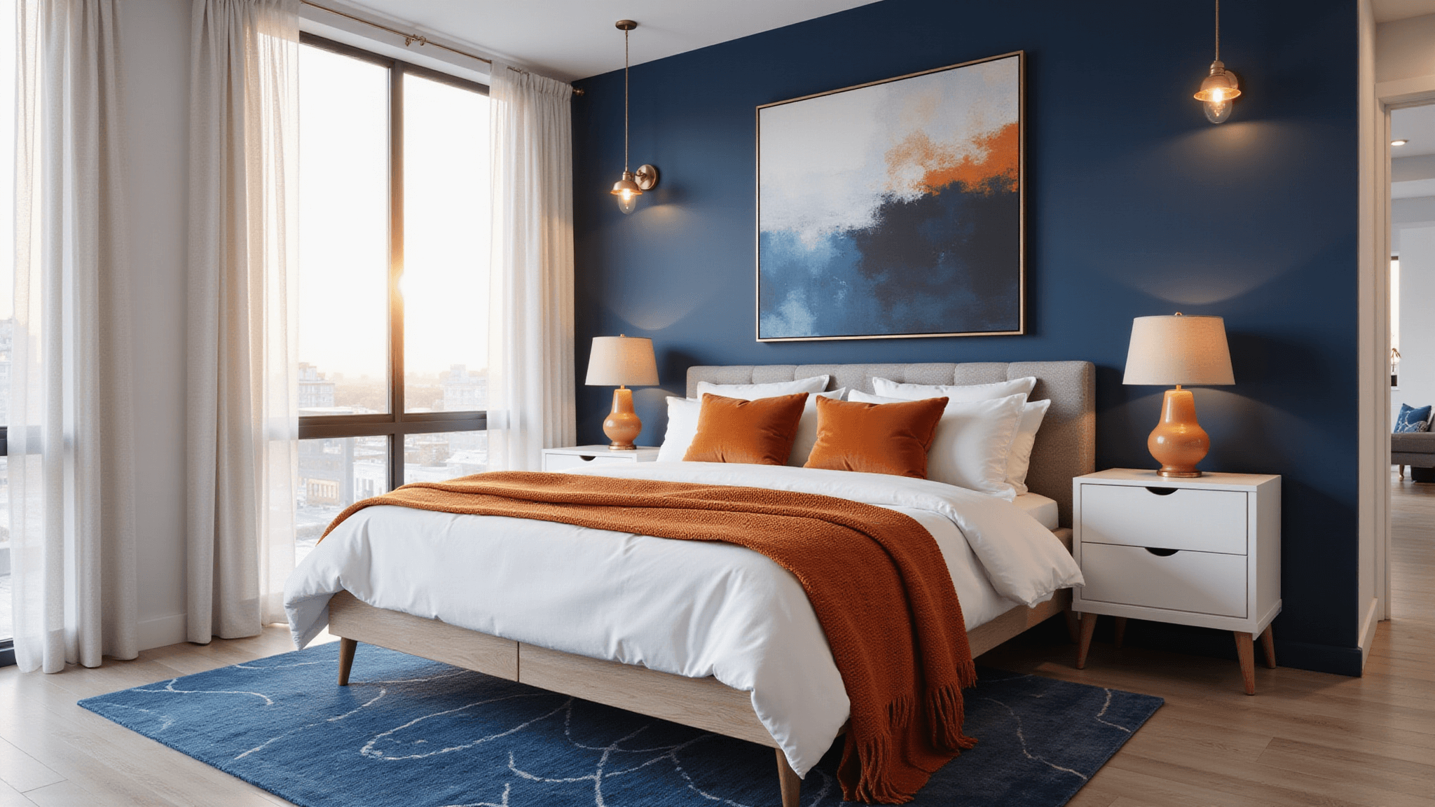 Luxurious master bedroom with navy and light blue walls, a modern platform king bed, burnt orange pillows, abstract artwork, brass pendant lights, and floor-to-ceiling windows with sheer curtains during golden hour.
