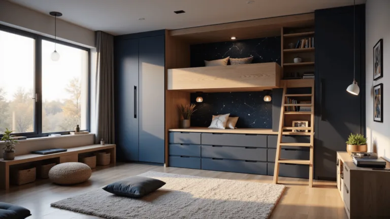 Golden hour view of a modern boy's bedroom with a loft bed, integrated desk, gaming area, reading nook, and smart storage solutions, featuring deep blues, warm woods, and metallic accents.