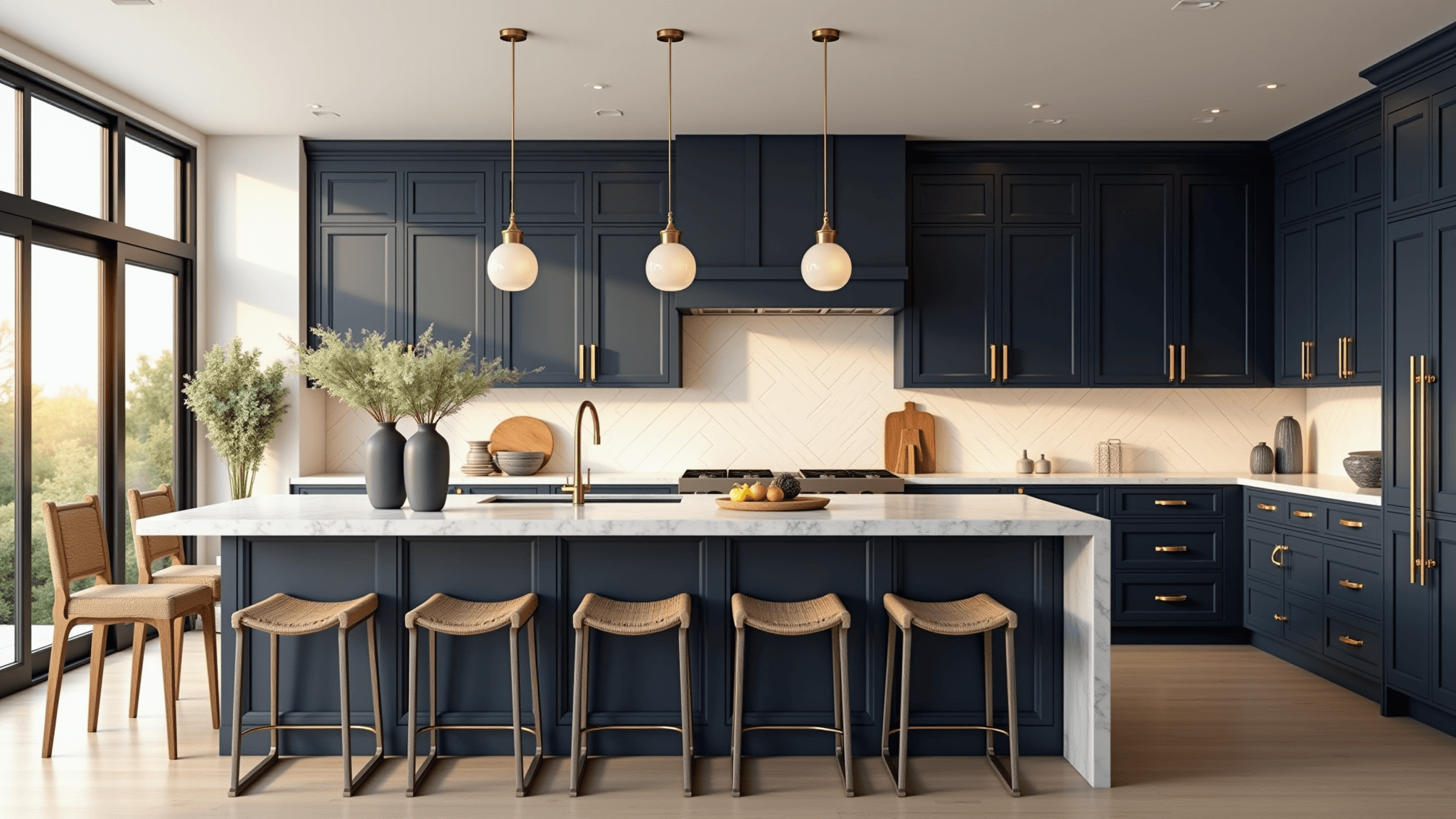 Photorealistic interior of a luxurious modern coastal kitchen featuring navy blue shaker cabinets, white Carrara marble countertops, a central island with waterfall edges, artisanal vases, brushed brass accents, woven barstools, pearl white subway tile backsplash, and wide plank white oak flooring, illuminated by golden hour sunlight.