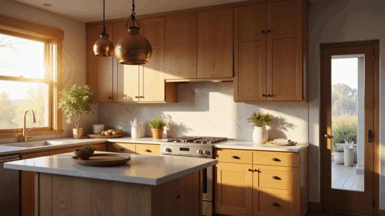 A sunlit modern farmhouse kitchen featuring honey oak cabinets, white marble backsplash, and a butcher block island, captured in warm golden hour light with dramatic shadows and soft bokeh.