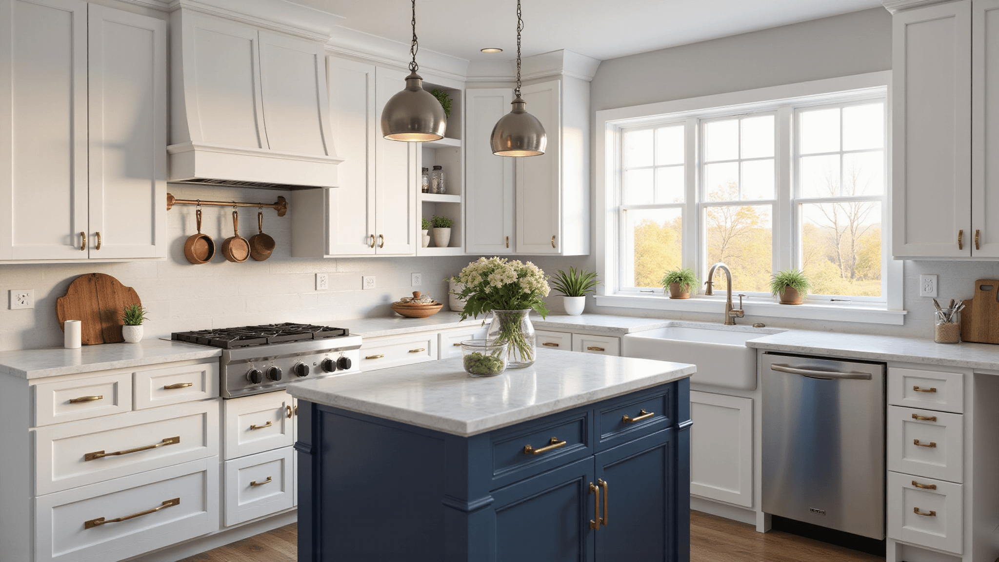 A bright, airy modern farmhouse kitchen with white Shaker-style cabinets featuring brushed gold hardware, a navy blue island, and a farmhouse sink under a large window illuminated by golden hour lighting; Carrara marble countertops and stainless steel appliances enhance the elegance, with hanging copper cookware and potted herbs on the windowsill adding charm.