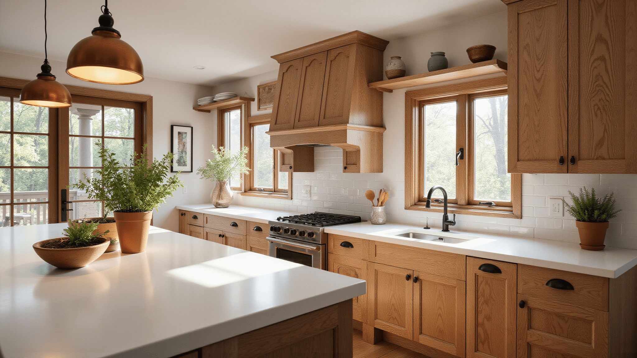 A photorealistic modern farmhouse kitchen featuring honey oak wood cabinets, white quartz countertops, and a large weathered wood island, illuminated by warm copper pendant lights and morning sunlight streaming through large windows.
