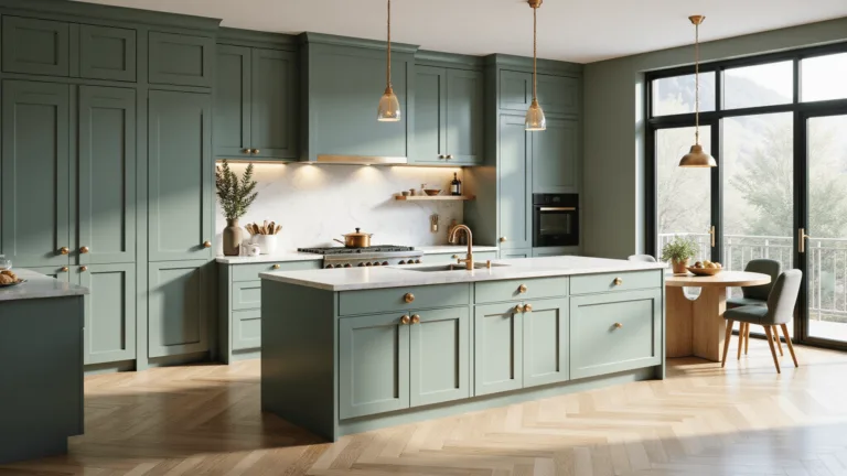 Photorealistic image of a luxurious modern kitchen featuring sage green shaker cabinets, a quartz waterfall island, and warm golden pendant lighting, set in bright natural light with herringbone white oak flooring and styled with copper cookware and eucalyptus.