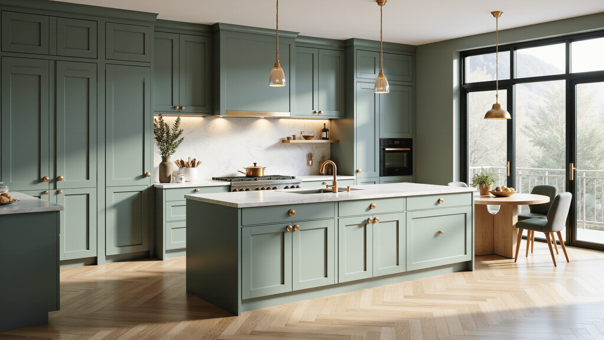Photorealistic image of a luxurious modern kitchen featuring sage green shaker cabinets, a quartz waterfall island, and warm golden pendant lighting, set in bright natural light with herringbone white oak flooring and styled with copper cookware and eucalyptus.