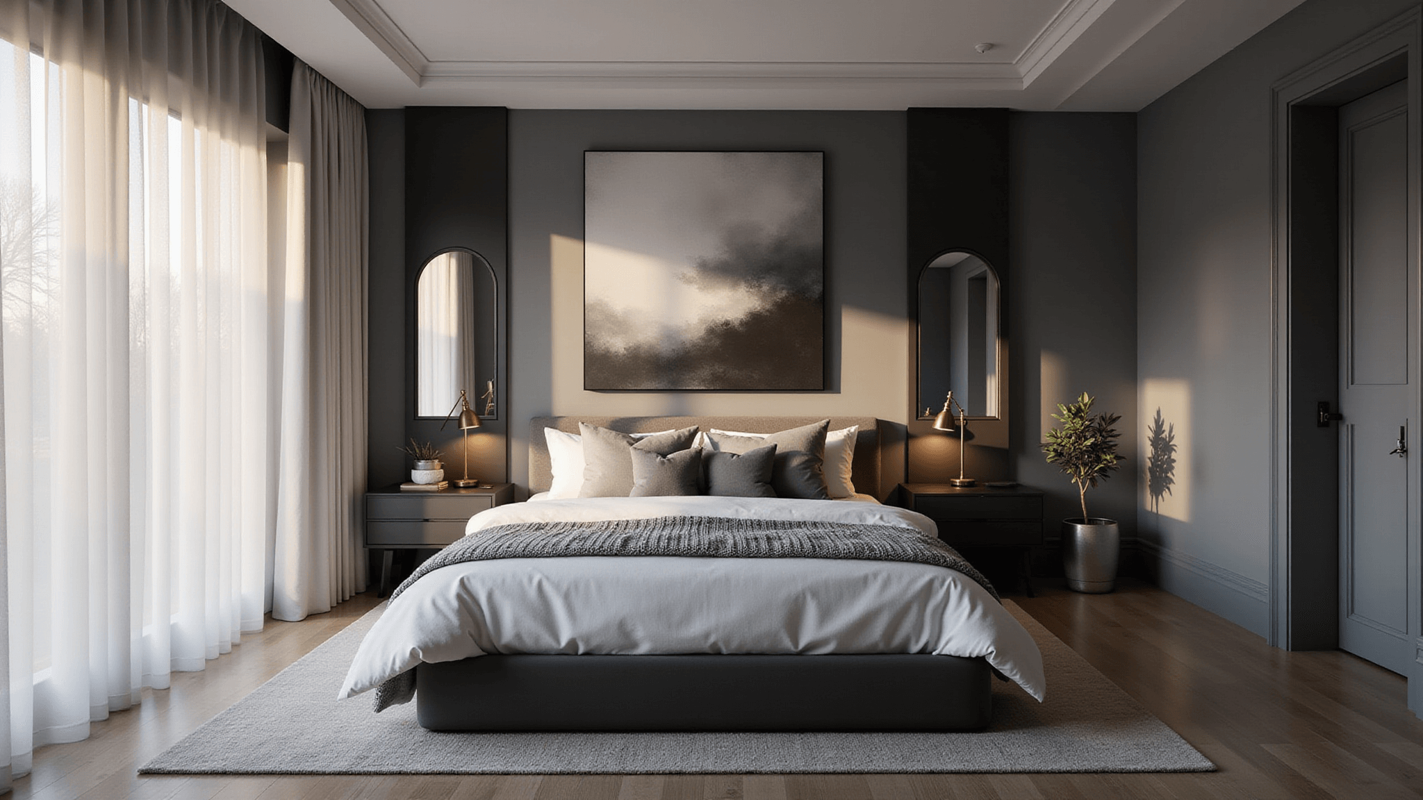A cinematic shot of a modern grey bedroom during golden hour, featuring a platform bed with white linens and grey pillows, flanked by black bedside tables with brass lamps, sheer curtains, abstract artwork, layered textures, and moody lighting.