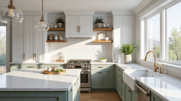 Photorealistic image of a modern, bright kitchen with white Shaker-style cabinets, brushed gold hardware, marble countertops, sage green lower cabinets, and a mix of open shelving with styled ceramics; natural light from large windows enhances soft shadows and coastal-inspired decor elements.