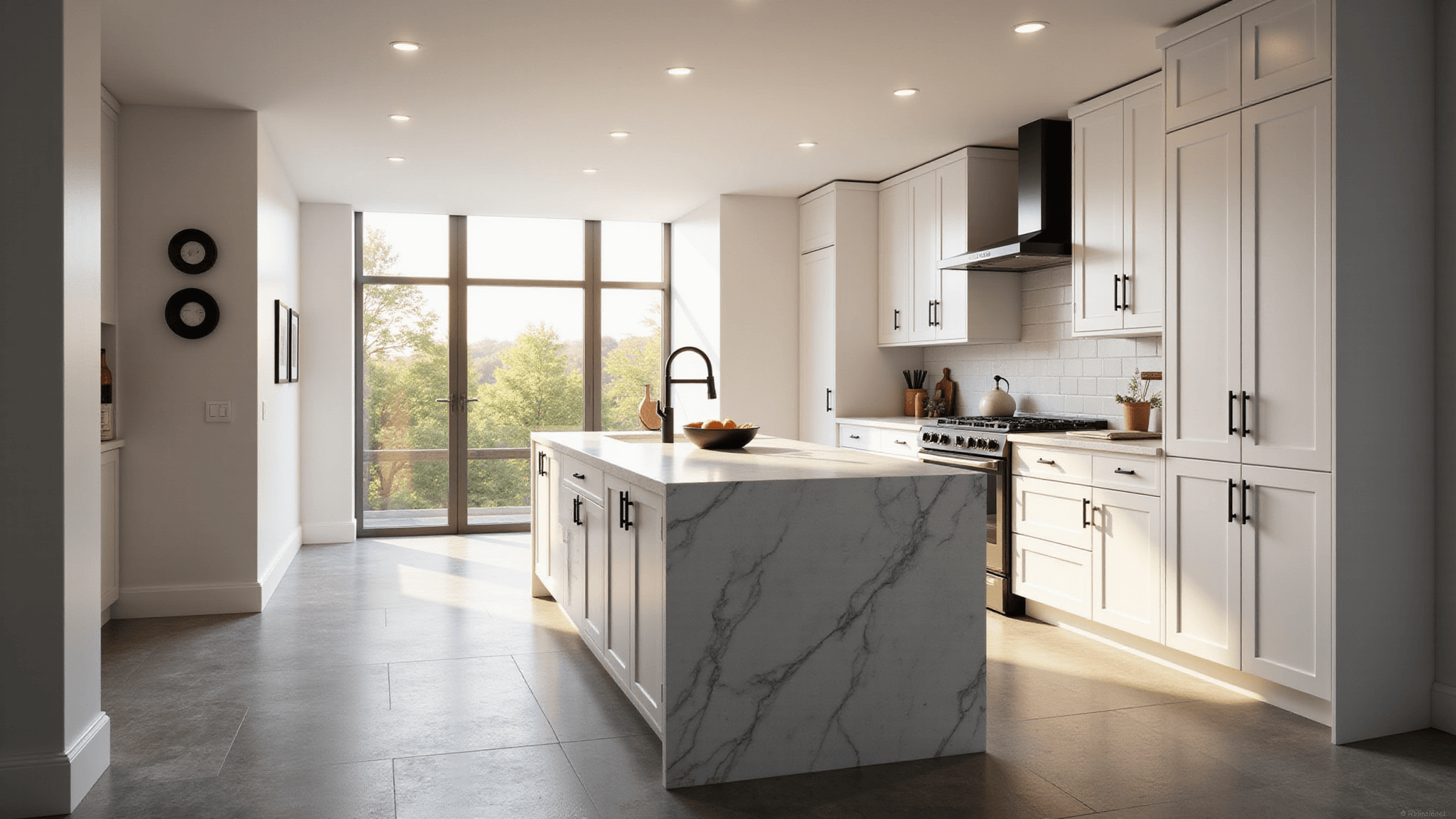 A photorealistic interior shot of a sophisticated open-concept kitchen featuring two-tone cabinetry with white shaker-style upper cabinets and sage green lower cabinets, large windows with sheer curtains, marble-look quartz countertops, and a butcher block island, all illuminated by warm golden hour lighting.