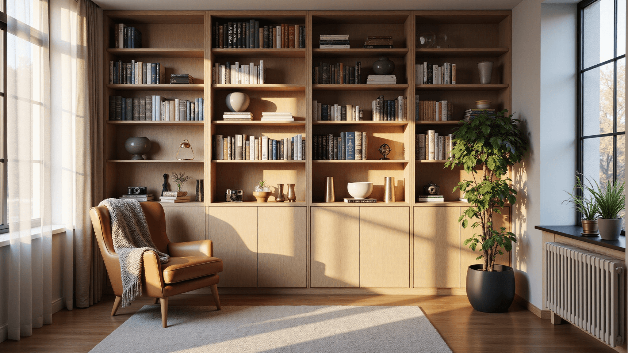 Library corner with oak bookcase in golden hour light, arranged books, cognac leather chair, decorative elements, and warm shadows.