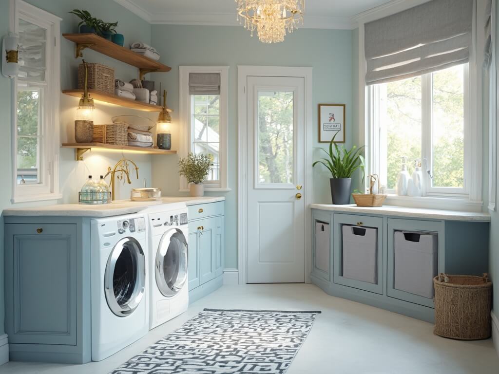 A modern, sunlit laundry room with blue walls, white trim, and pearl white appliances under a quartz countertop. Brass sconces and LED lights illuminate the space, featuring floating shelves with seagrass baskets and glass detergent dispensers. A geometric rug, ceiling-mounted drying rack, and vintage laundry ads add charm, while a ZZ plant sits on the windowsill. The room has a crystal mini-chandelier, grey linen hampers, and displays a warm, cozy aesthetic.