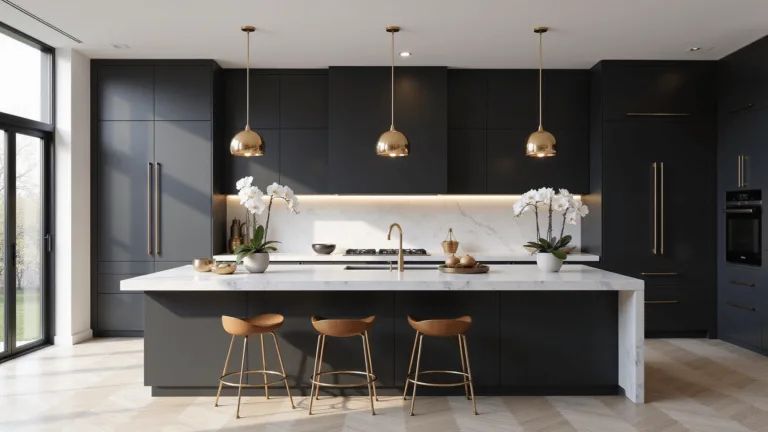 A luxurious modern kitchen with matte black handleless cabinets and a white quartz waterfall island, featuring polished brass pendant lights, white oak herringbone flooring, and a Calacatta marble backsplash, bathed in soft natural morning light through floor-to-ceiling windows.