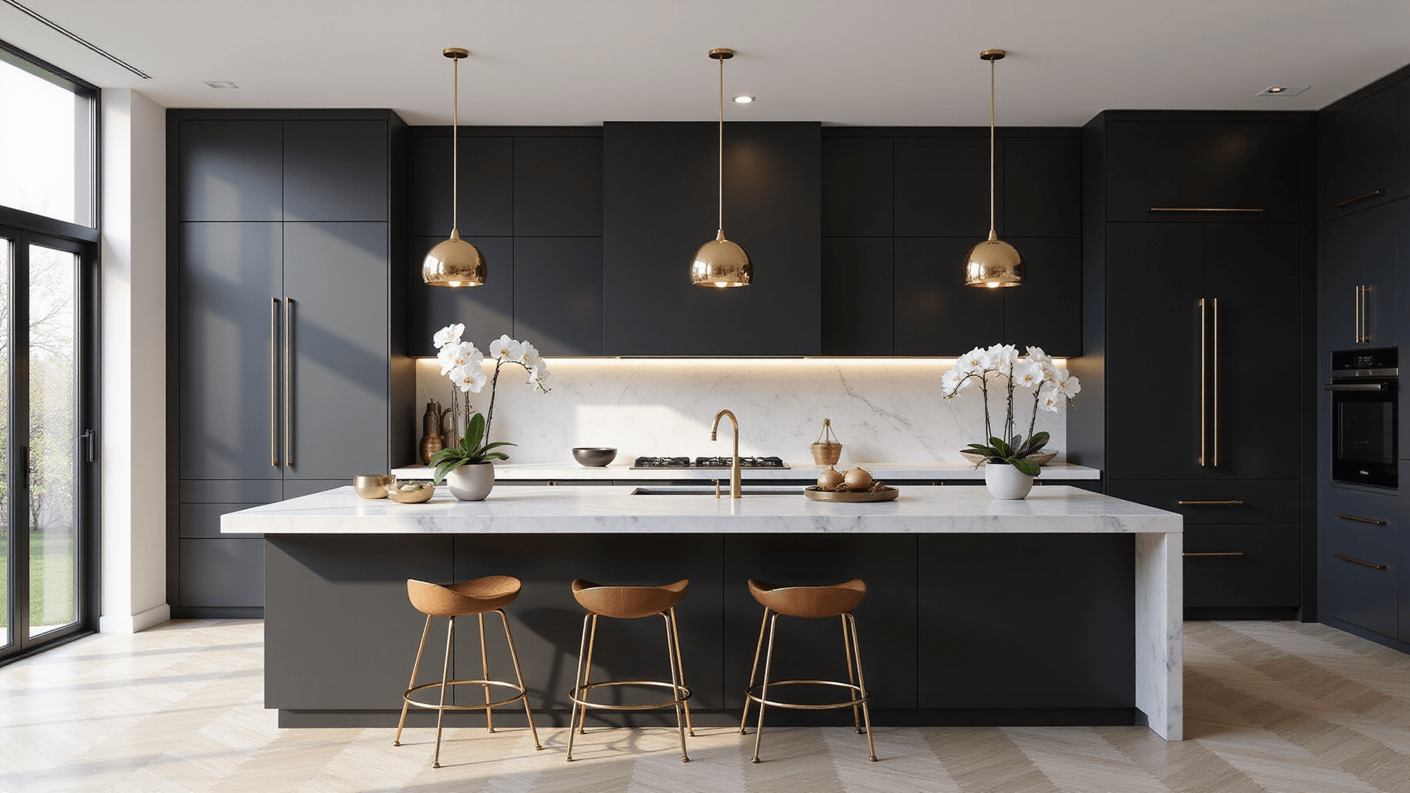 A luxurious modern kitchen with matte black handleless cabinets and a white quartz waterfall island, featuring polished brass pendant lights, white oak herringbone flooring, and a Calacatta marble backsplash, bathed in soft natural morning light through floor-to-ceiling windows.
