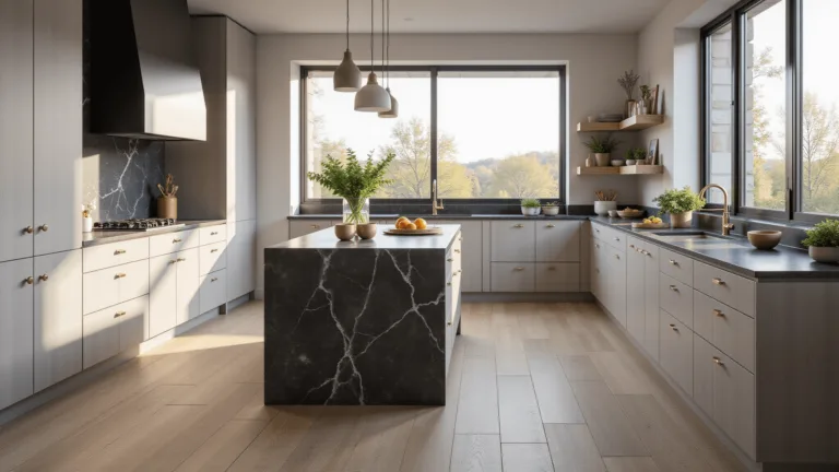 A modern, luxurious kitchen with light grey shaker cabinets, a dramatic marble-topped charcoal island, and satin brass hardware, all bathed in natural sunlight from floor-to-ceiling windows.