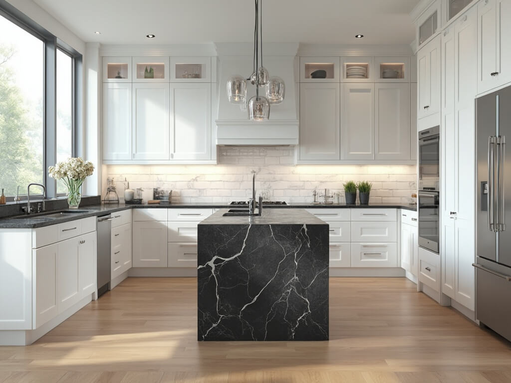 A photorealistic image of a modern luxury kitchen featuring white shaker cabinets, black granite countertops, a large waterfall island, and floor-to-ceiling windows. The kitchen includes professional-grade stainless steel appliances, geometric pendant lights, and a white marble subway tile backsplash. Warm oak hardwood floors add contrast, alongside polished chrome hardware. Natural sunlight casts soft morning light and subtle shadows, highlighting the kitchen's crisp details and textures.