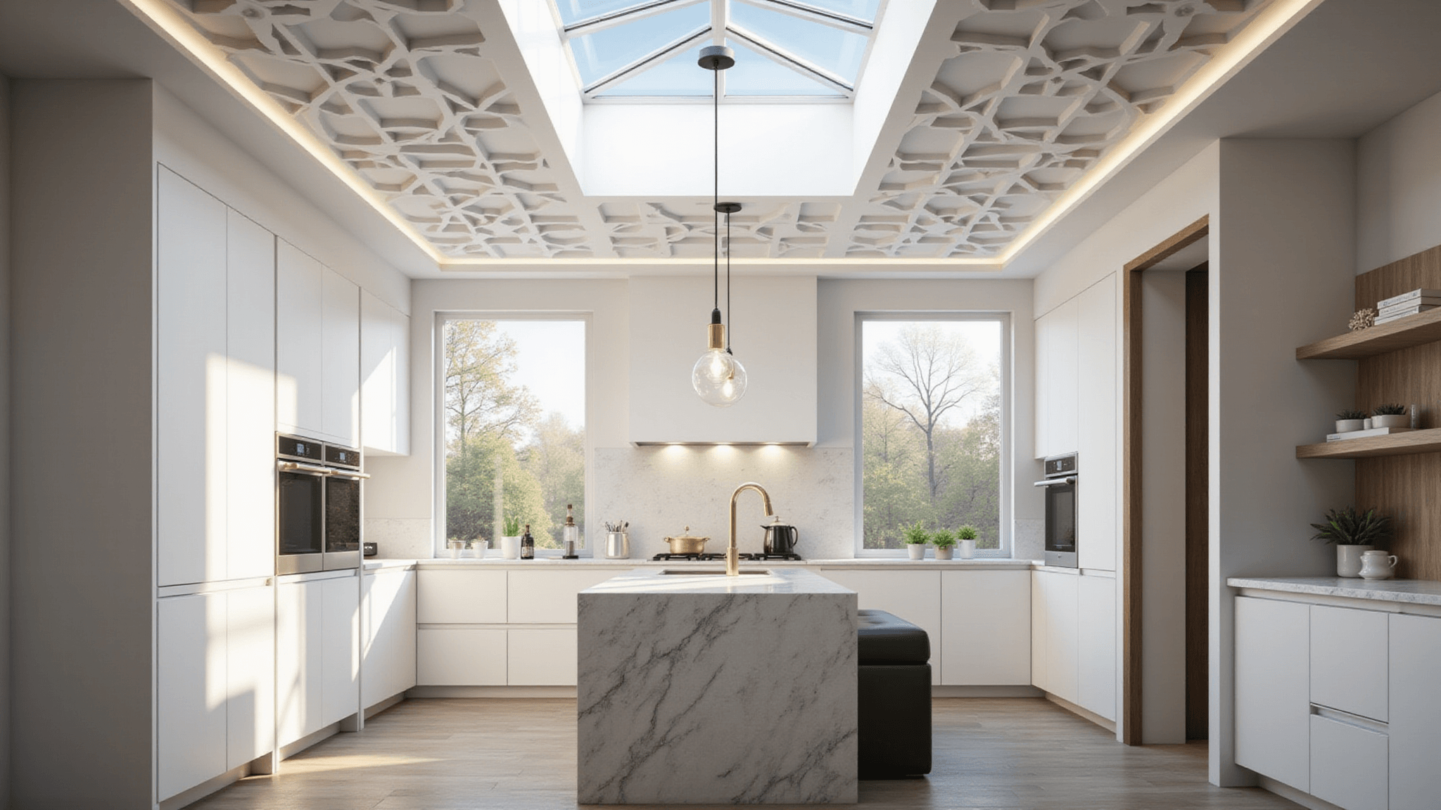 A luxurious modern kitchen with a white PVC coffered ceiling featuring integrated LED lighting, sleek white cabinets, and a marble waterfall island with gold hardware, illuminated by early morning sunlight and ambient LEDs.