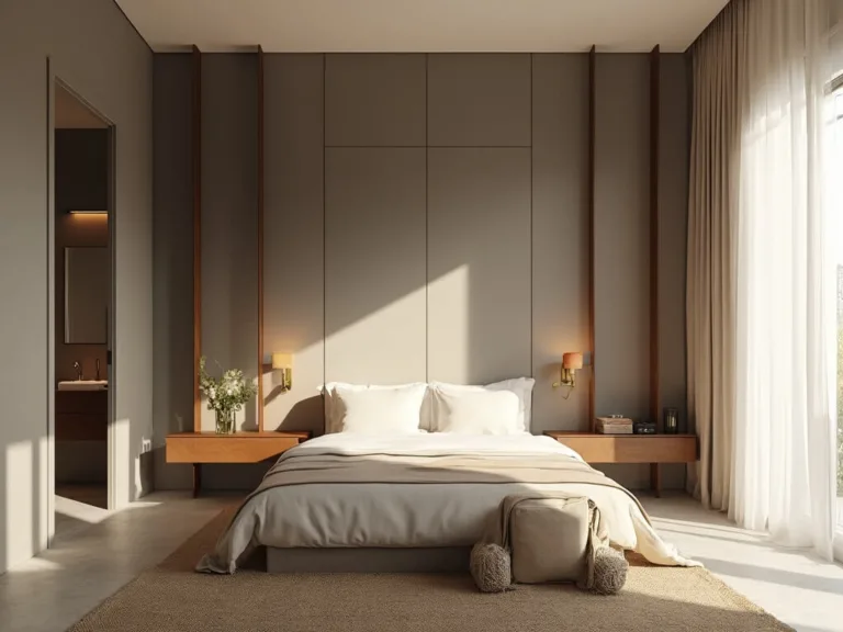 A luxurious small master suite with a queen-size bed against a taupe wall, flanked by walnut nightstands and brass sconces, dove grey wardrobes, sheer white drapes filtering warm light, cream bedding, a jute rug, and a spa-like ensuite, styled with a luxury hotel aesthetic.