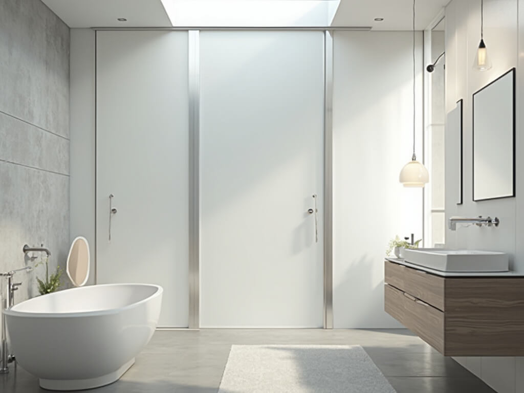 A photorealistic image of a modern minimalist bathroom featuring a frosted glass pocket door with brushed nickel hardware, sliding into a pristine white wall against soft morning light; showcasing a floating bleached oak vanity, cool gray polished concrete floors, and modern stainless steel fixtures, highlighted by natural light from a skylight.
