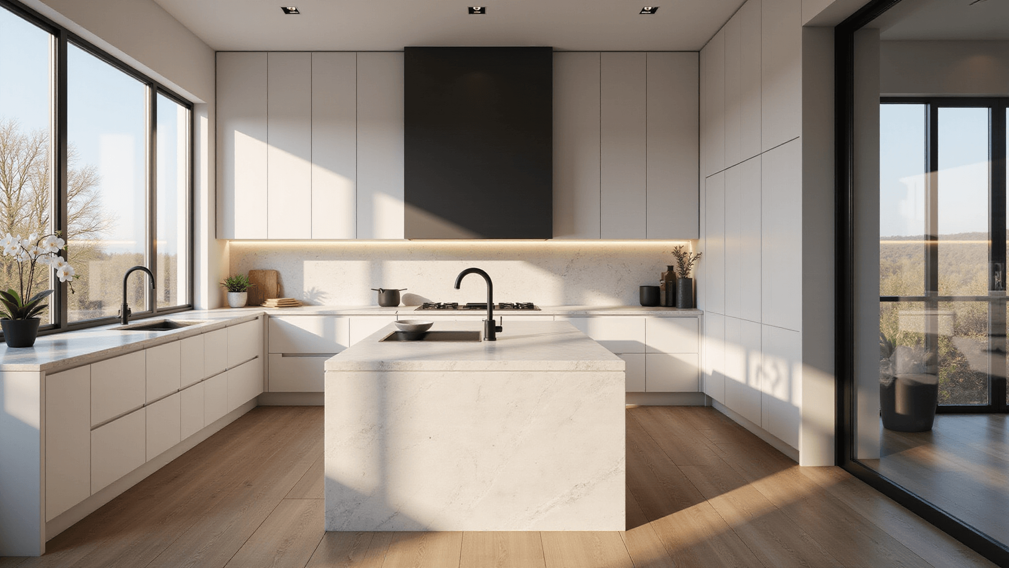 Hyperrealistic photograph of a spacious, sunlit modern kitchen featuring white modular cabinets, a large quartzite island, and minimalist decor, highlighted by under-cabinet LED lighting and natural sunlight.