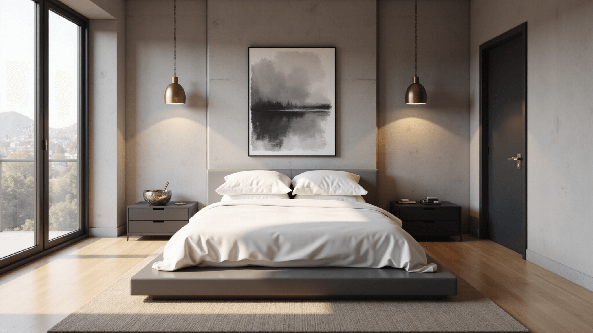A modern minimalist bedroom featuring floor-to-ceiling windows, natural sunlight, a platform bed with white linens, light oak flooring, a textured concrete accent wall, and black nightstands, complemented by abstract art and brass pendant lights, captured in a photorealistic style during the golden hour.