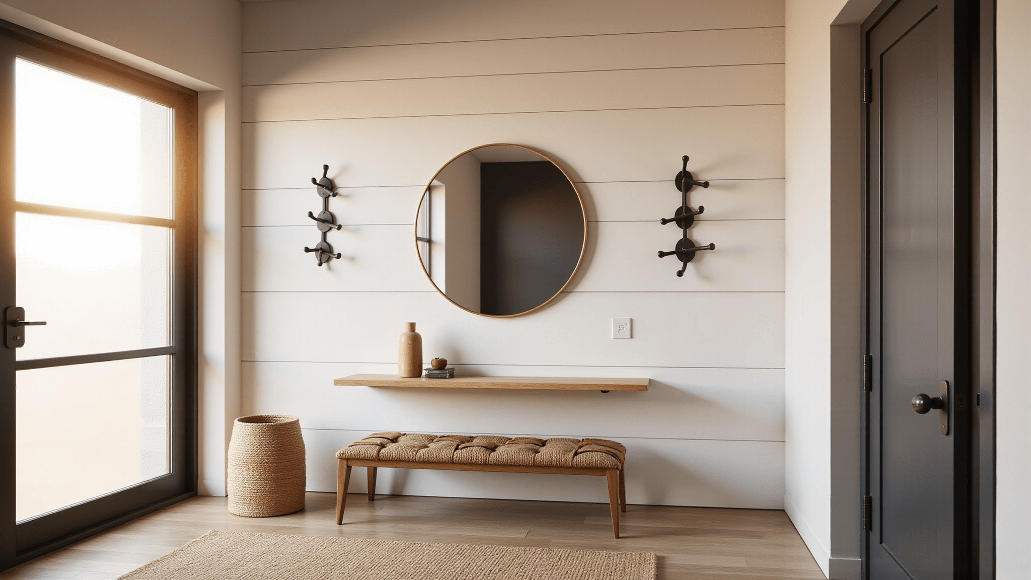 A modern minimalist entryway with white shiplap walls, a blonde wood floating console, and a brass-framed mirror, accented by geometric black hooks and a woven leather bench on a jute runner. Natural light from a frosted glass door casts dramatic shadows, emphasizing textures in a Scandinavian-style setting.