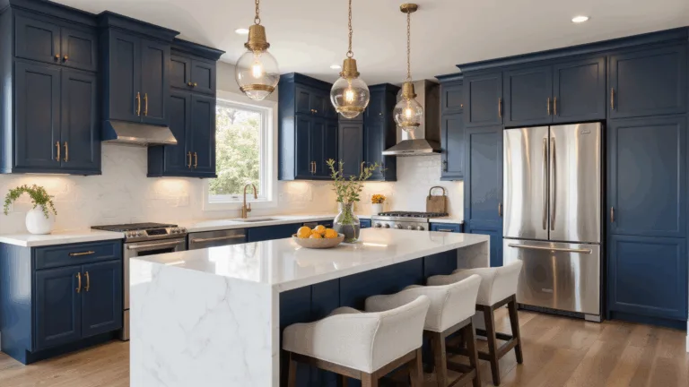 Photorealistic interior of a contemporary kitchen featuring navy blue Shaker-style cabinets, a Carrara marble waterfall island, and warm brass accents under golden hour sunlight.