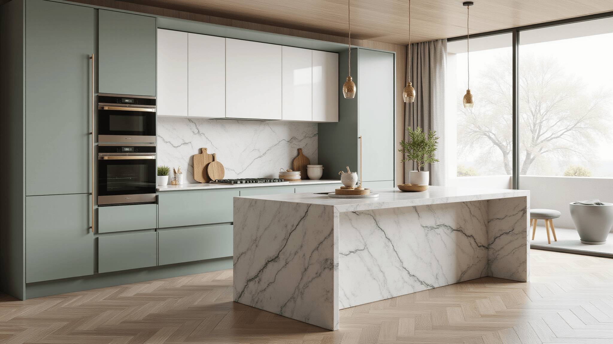 Minimalist modern luxury kitchen with matte sage green lower cabinets, white upper cabinets, marble waterfall island, and herringbone oak flooring, illuminated by soft morning sunlight.
