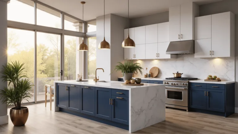 Luxurious modern kitchen with navy blue lower cabinets and white upper cabinets, featuring a white quartz waterfall island and brushed brass pendant lights. Floor-to-ceiling windows illuminate the space during golden hour, highlighting stainless steel appliances and a marble backsplash. Decor includes herbs in copper pots, ceramics, and a geometric fruit bowl. Wide plank oak flooring and dramatic natural light enhance the scene.
