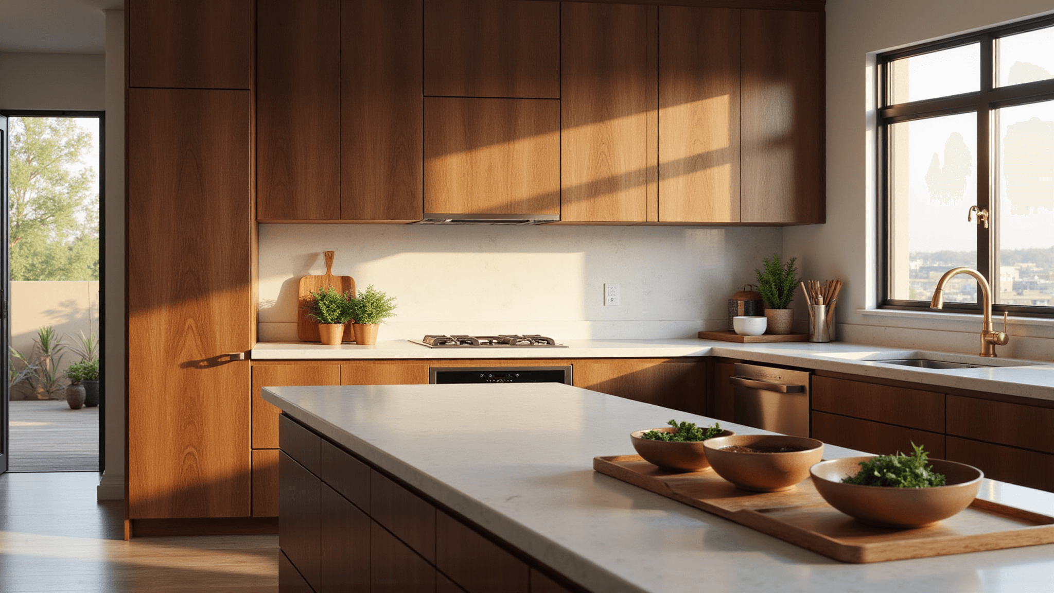 A hyperrealistic kitchen featuring walnut shaker-style cabinets and white quartz countertops, captured in warm golden hour light, showcasing artisanal ceramics and fresh herbs in copper planters, with dramatic shadows and rich textures.