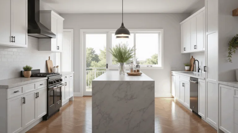 Photorealistic interior of a modern white kitchen featuring flat-panel cabinets, a pale grey quartz island, and oak herringbone flooring, illuminated by bright morning sunlight through floor-to-ceiling windows, showcasing detailed textures and stylish decor.