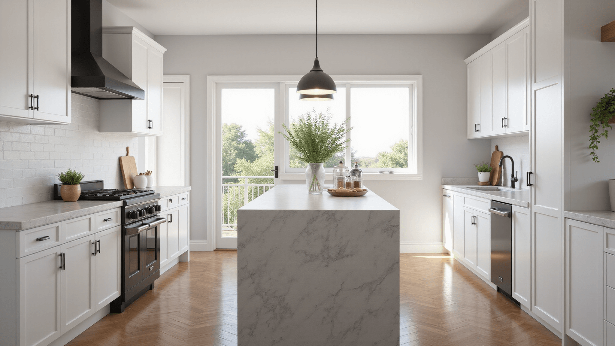 Photorealistic interior of a modern white kitchen featuring flat-panel cabinets, a pale grey quartz island, and oak herringbone flooring, illuminated by bright morning sunlight through floor-to-ceiling windows, showcasing detailed textures and stylish decor.