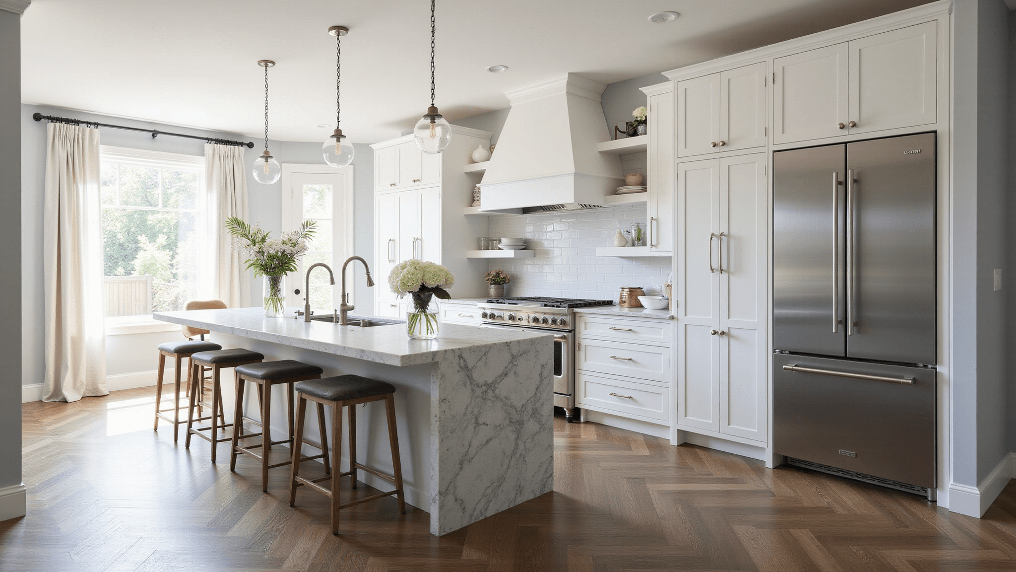 A modern white kitchen with Shaker-style cabinets and a gray-veined marble waterfall island, featuring dark oak herringbone flooring and brushed nickel hardware, illuminated by soft morning sunlight through sheer curtains.