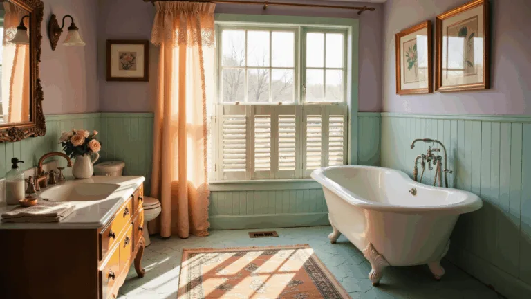 A sunlit vintage bathroom featuring mint green subway tiles, a white clawfoot tub, and a peach ruffled shower curtain, adorned with cut-crystal perfume bottles and fresh garden roses, with light streaming through plantation shutters and casting shadows on a pastel Turkish rug.