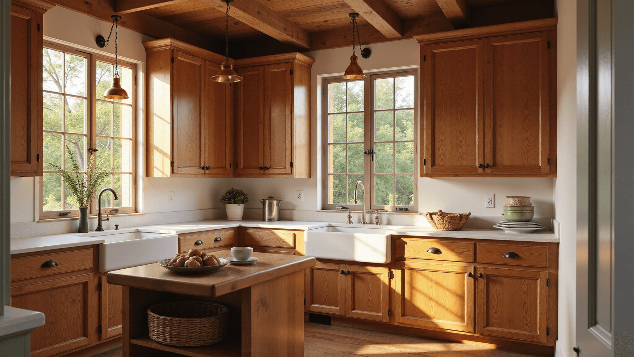 Photorealistic farmhouse kitchen with sunlit knotty alder wood cabinets, vintage copper pendant lights, and earth-tone accents, featuring a farmhouse sink, butcher block island, and sage green details.