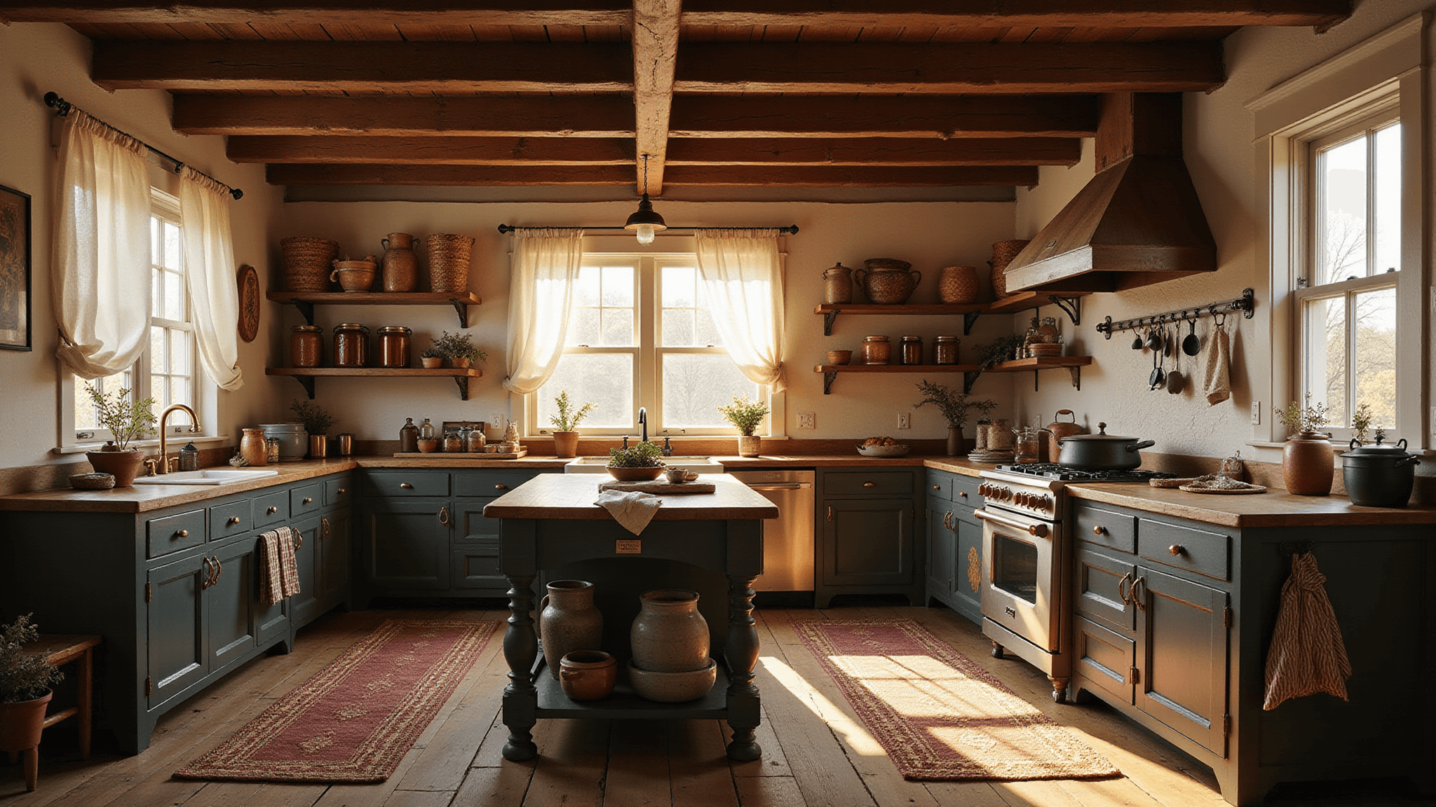 Photorealistic image of a primitive American kitchen with rustic elements, featuring golden morning sunlight, shaker-style walnut cabinets, a distressed island, open shelving with amber glass jars, and cast iron cookware, all highlighted in warm earth tones.