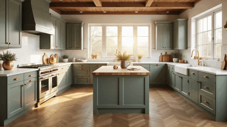 Photorealistic kitchen interior featuring sage green shaker cabinets, white quartz countertops, and a butcher block island, illuminated by warm golden hour light through large windows, with artisan pottery and rustic elements.