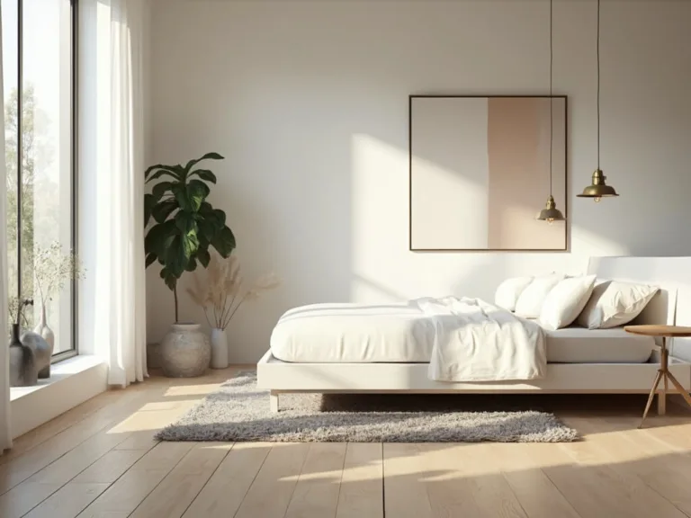 A modern Scandinavian bedroom with light maple hardwood flooring, floor-to-ceiling windows, a minimalist white oak platform bed, matte brass pendant lights, a plush grey area rug, ceramic vessels, large-scale abstract artwork, and a fiddle leaf fig plant.