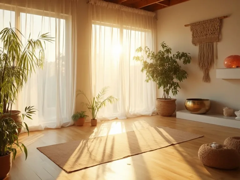 A serene home yoga sanctuary with natural elements lit by golden hour sunlight, featuring floor-to-ceiling windows, a cork yoga mat, floating shelves with crystals and a salt lamp, potted bamboo, trailing plants, and a macramé wall hanging.