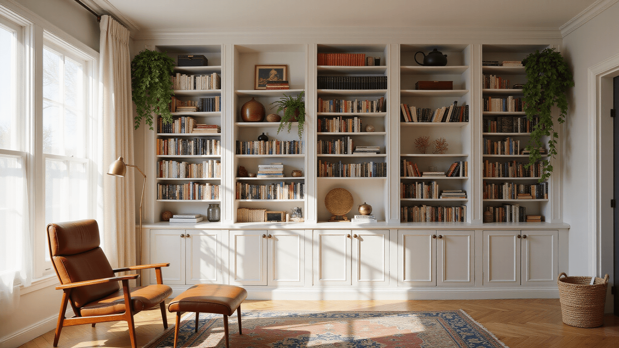 A sunlit living room with floor-to-ceiling white bookcases, colorful books, brass and ceramic decor, a cognac leather armchair, and a Persian rug, features warm natural light and trailing plants.