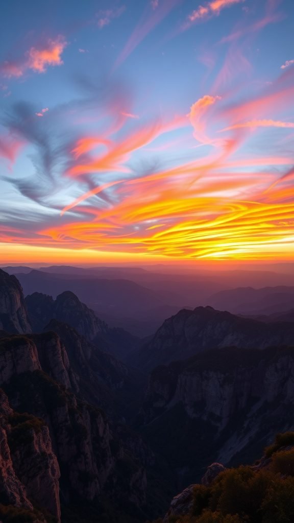 A stunning sunset over mountainous terrain with colorful skies