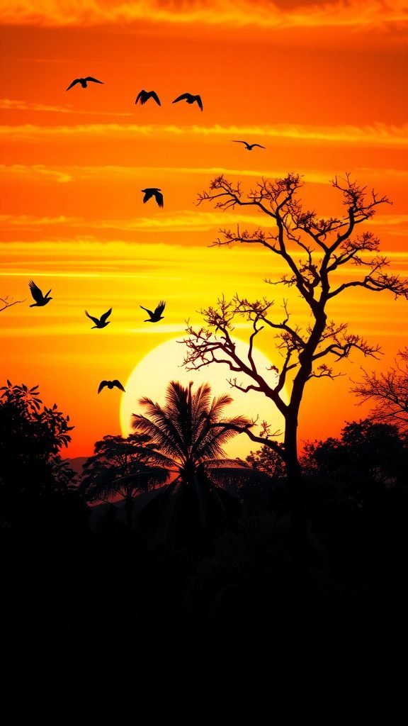 A sunset scene with silhouettes of trees and birds flying, showcasing vibrant orange and red colors in the sky.