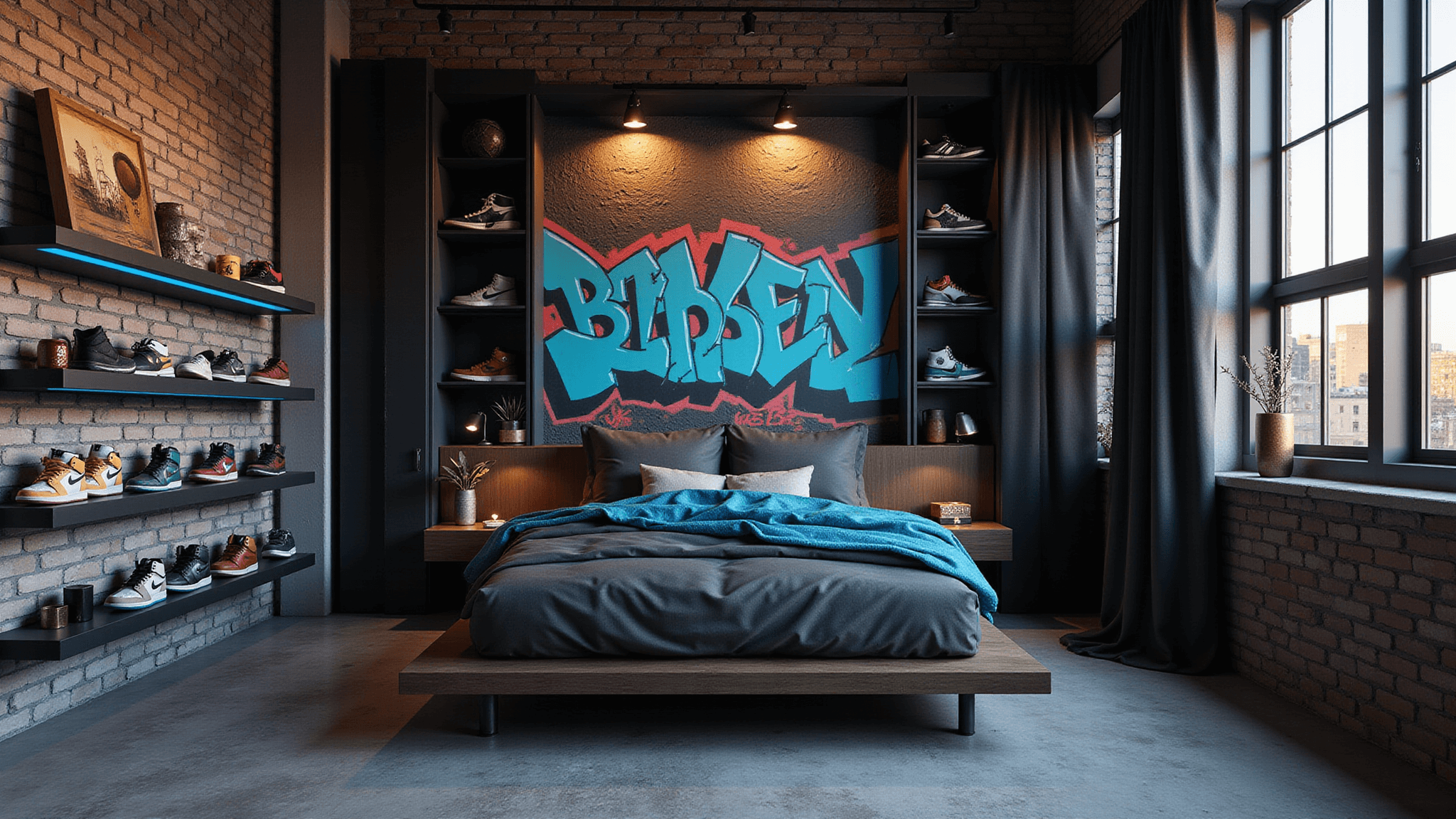 A photorealistic interior of a modern urban loft bedroom with industrial and street style elements, including a platform bed with charcoal and electric blue bedding, exposed brick walls featuring a graffiti mural, metal shelving with a sneaker collection, and floor-to-ceiling windows with black mesh curtains.