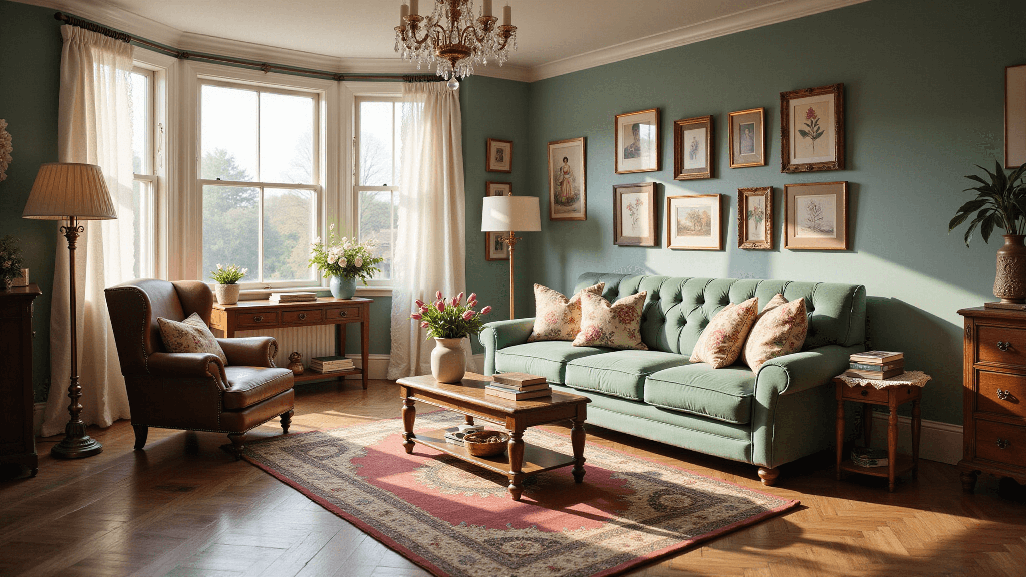 A photorealistic interior of a vintage-modern living room, featuring a mint-green velvet tufted sofa, weathered leather wingback chair, layered Persian rugs on herringbone hardwood floors, and a gallery wall of vintage botanical prints, bathed in warm golden hour light.