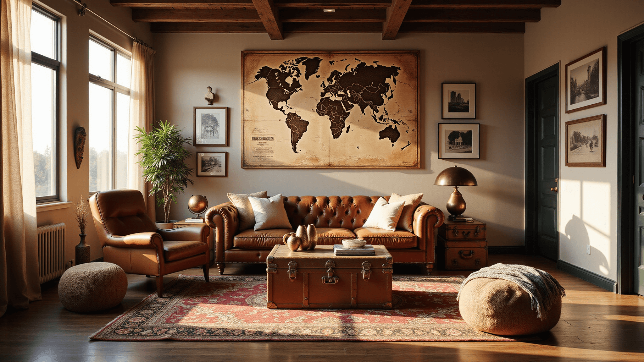 A sunlit living room during golden hour with a vintage sepia world map, leather armchair, Persian kilim rug, brass globes, travel photos, Moroccan poufs, and global artifacts, styled with dramatic shadows and textures.