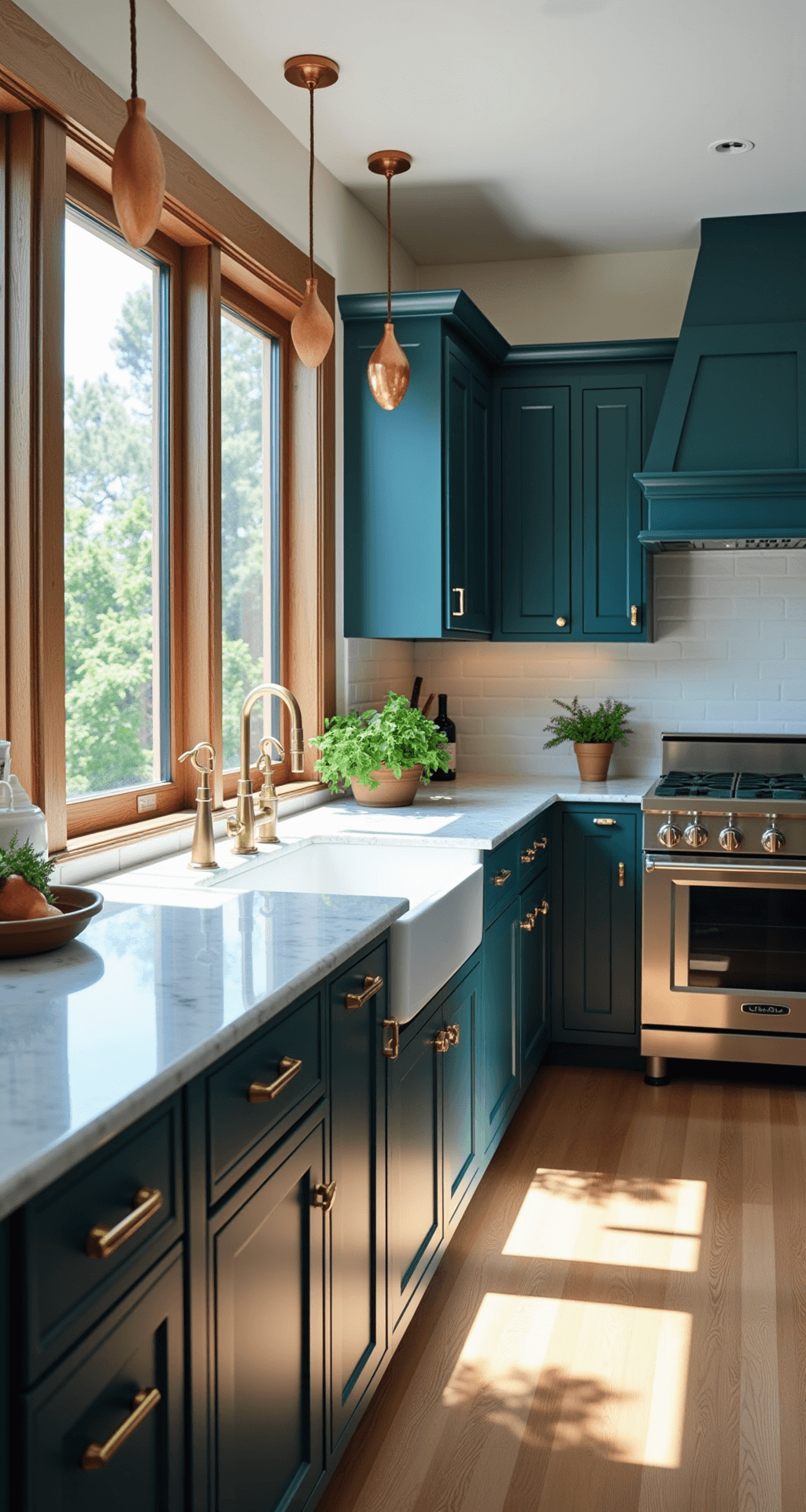 A modern kitchen with deep teal shaker cabinets, Carrara marble countertops, and brass hardware, illuminated by morning light through large windows. The scene features wide-plank white oak flooring and copper pendant lights, showcasing a focal island with waterfall edges and casual decor including a ceramic fruit bowl and fresh herbs.