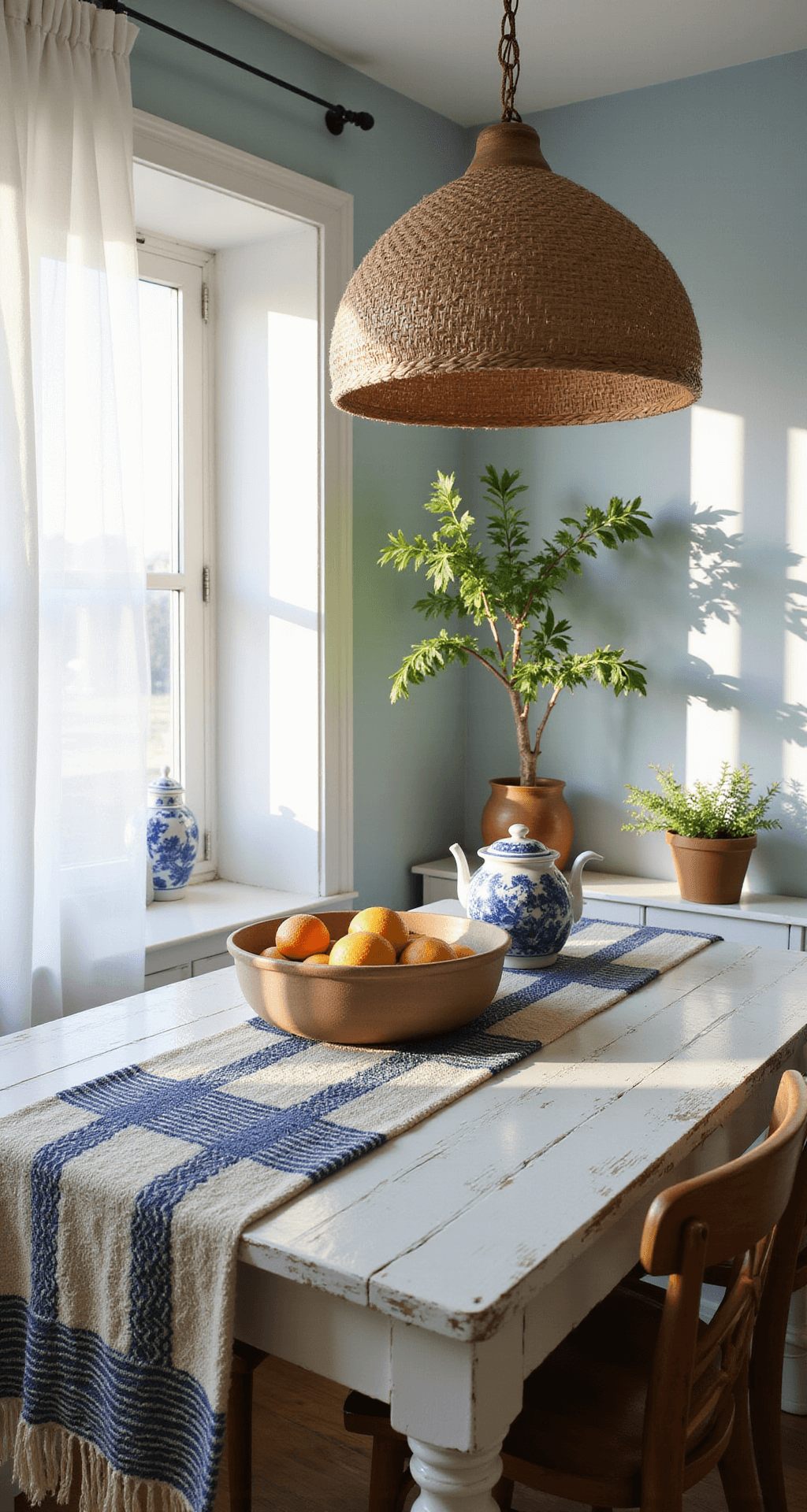 Intimate coastal-inspired kitchen nook with a whitewashed wooden table, hand-woven blue striped runner, and a pottery bowl of citrus fruits, illuminated by late afternoon light and a rattan pendant light, accented by pale blue walls and vintage blue-and-white ceramics.