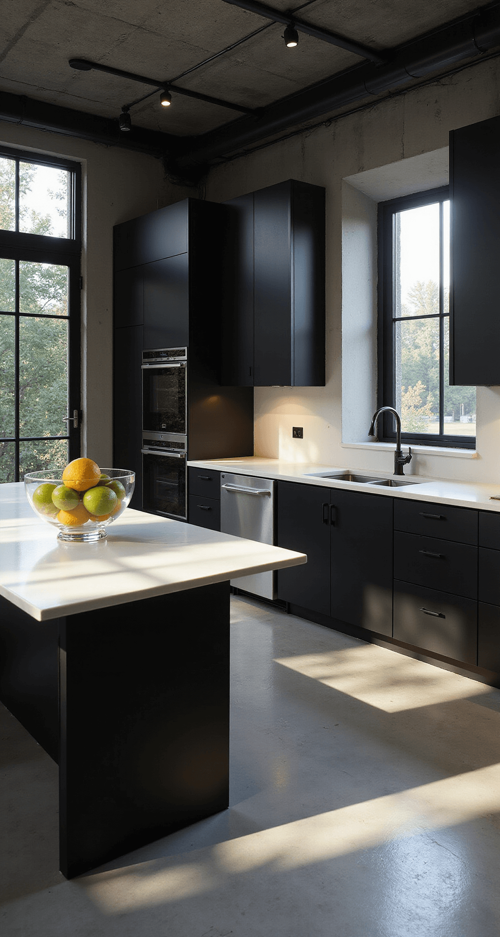 Aerial view of a modern minimalist kitchen with industrial-height ceilings, featuring polished concrete floors, matte black cabinets, white quartz countertops, and a sleek island topped with a large clear glass bowl of lemons and limes, all illuminated by dramatic evening light.